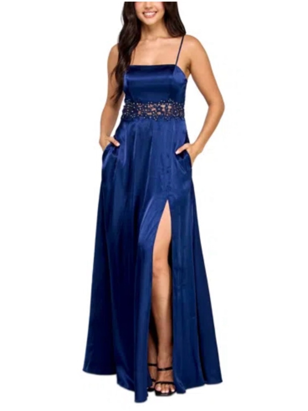 City Studio Navy Blue Satin Spaghetti-Strap Prom Dress with Beaded Waist